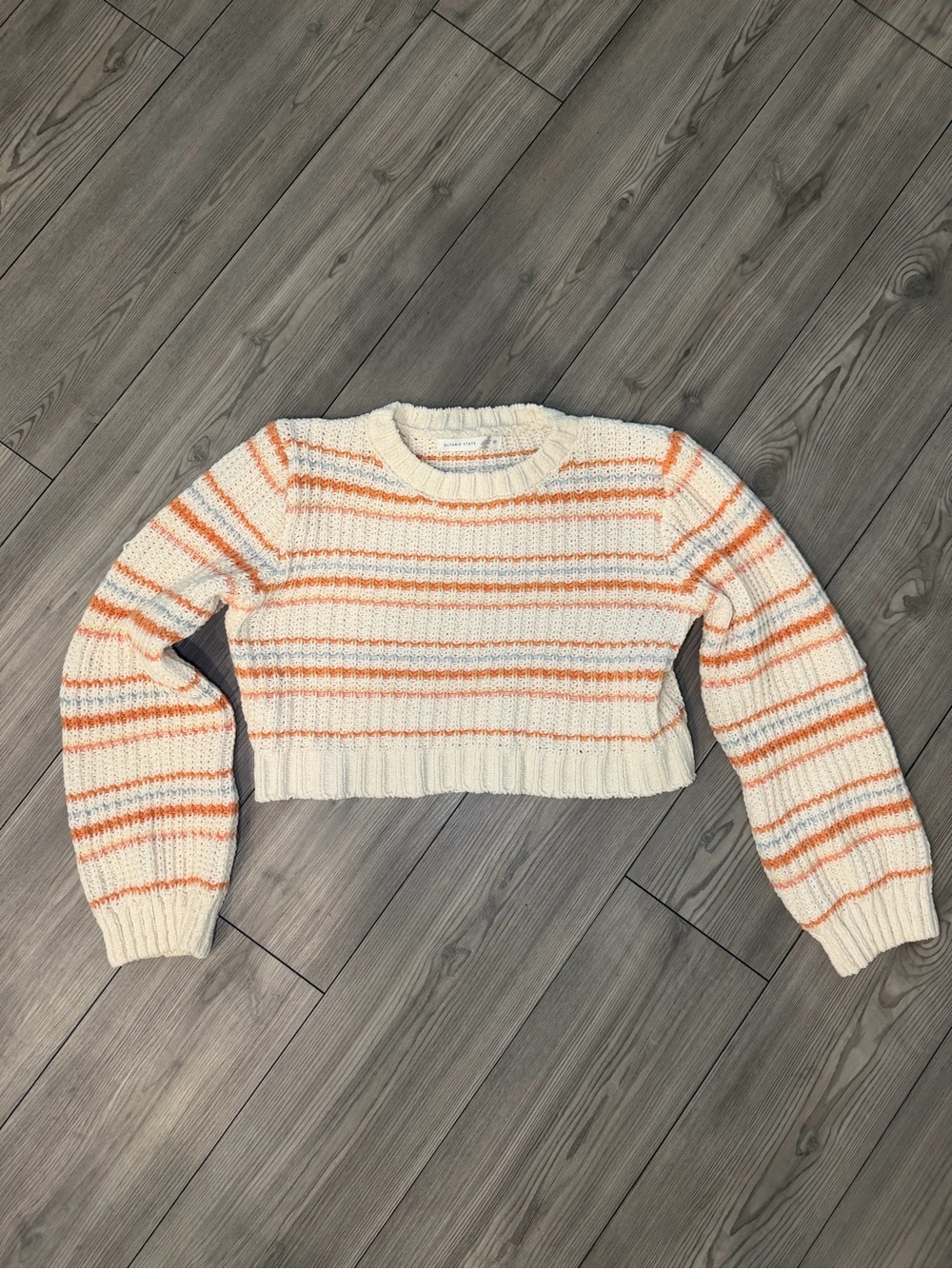Altar'd State Cream Cropped Crew Sweater with Orange Stripes